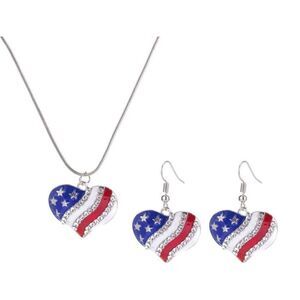 New Silver plated cubic zirconia heart Patriotic earrings and necklace.